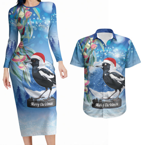 Australia Magpie Christmas In July Couples Matching Long Sleeve Bodycon Dress and Hawaiian Shirt Eucalyptus Snow Globe Merry Xmas