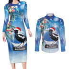 Australia Magpie Christmas In July Couples Matching Long Sleeve Bodycon Dress and Long Sleeve Button Shirt Eucalyptus Snow Globe Merry Xmas