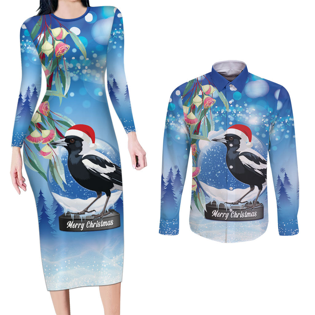 Australia Magpie Christmas In July Couples Matching Long Sleeve Bodycon Dress and Long Sleeve Button Shirt Eucalyptus Snow Globe Merry Xmas