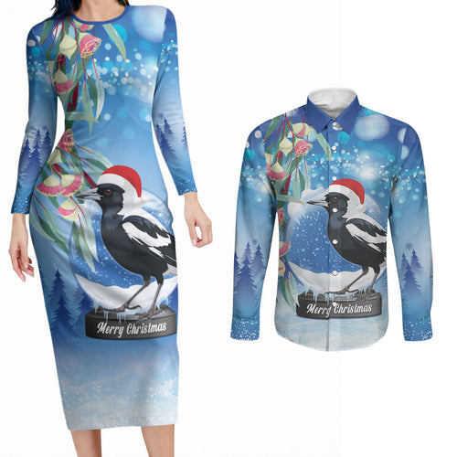 Australia Magpie Christmas In July Couples Matching Long Sleeve Bodycon Dress and Long Sleeve Button Shirt Eucalyptus Snow Globe Merry Xmas