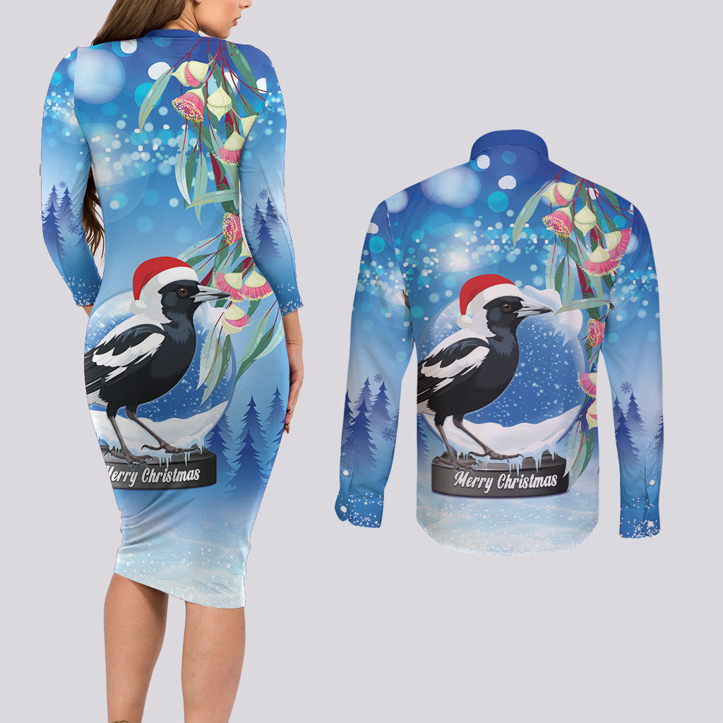 Australia Magpie Christmas In July Couples Matching Long Sleeve Bodycon Dress and Long Sleeve Button Shirt Eucalyptus Snow Globe Merry Xmas
