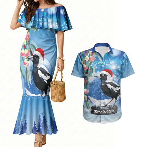 Australia Magpie Christmas In July Couples Matching Mermaid Dress and Hawaiian Shirt Eucalyptus Snow Globe Merry Xmas
