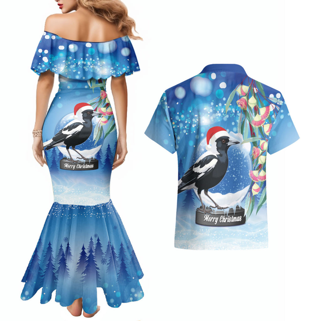 Australia Magpie Christmas In July Couples Matching Mermaid Dress and Hawaiian Shirt Eucalyptus Snow Globe Merry Xmas