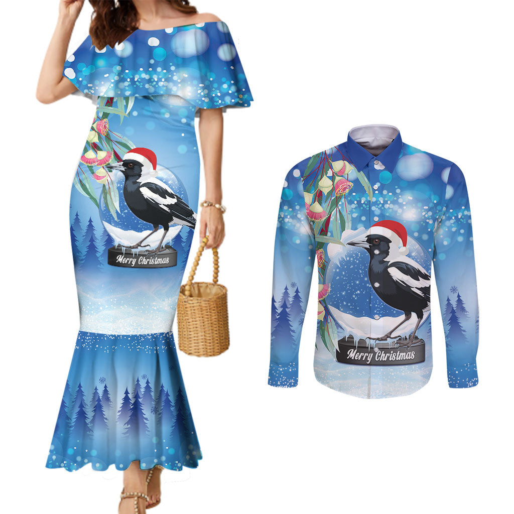 Australia Magpie Christmas In July Couples Matching Mermaid Dress and Long Sleeve Button Shirt Eucalyptus Snow Globe Merry Xmas