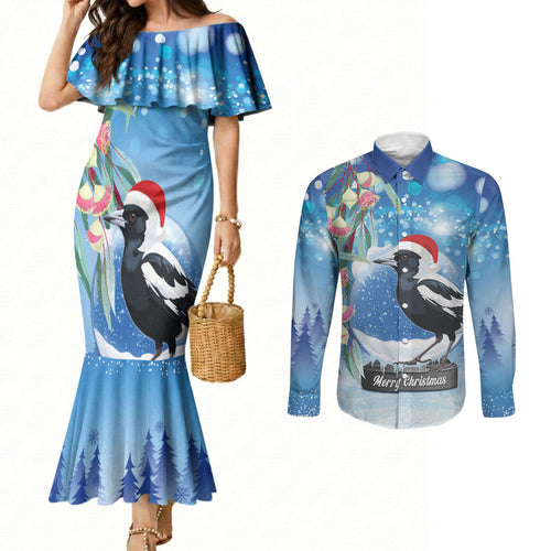 Australia Magpie Christmas In July Couples Matching Mermaid Dress and Long Sleeve Button Shirt Eucalyptus Snow Globe Merry Xmas