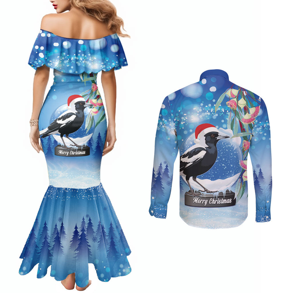 Australia Magpie Christmas In July Couples Matching Mermaid Dress and Long Sleeve Button Shirt Eucalyptus Snow Globe Merry Xmas