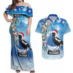 Australia Magpie Christmas In July Couples Matching Off Shoulder Maxi Dress and Hawaiian Shirt Eucalyptus Snow Globe Merry Xmas