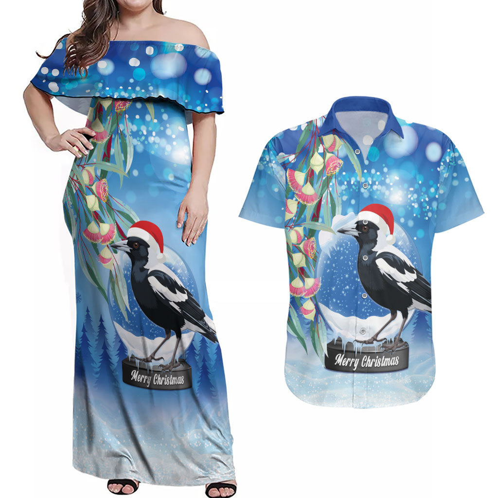 Australia Magpie Christmas In July Couples Matching Off Shoulder Maxi Dress and Hawaiian Shirt Eucalyptus Snow Globe Merry Xmas