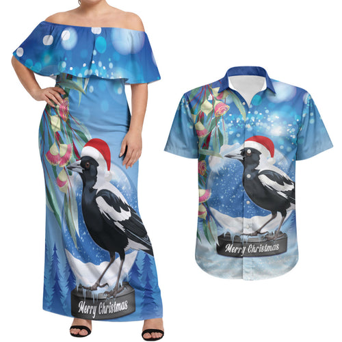 Australia Magpie Christmas In July Couples Matching Off Shoulder Maxi Dress and Hawaiian Shirt Eucalyptus Snow Globe Merry Xmas