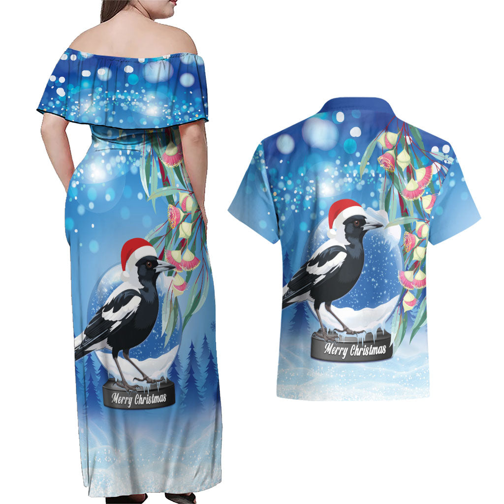 Australia Magpie Christmas In July Couples Matching Off Shoulder Maxi Dress and Hawaiian Shirt Eucalyptus Snow Globe Merry Xmas