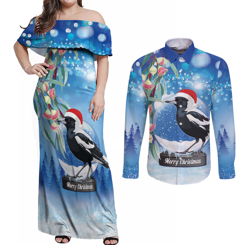 Australia Magpie Christmas In July Couples Matching Off Shoulder Maxi Dress and Long Sleeve Button Shirt Eucalyptus Snow Globe Merry Xmas