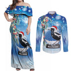 Australia Magpie Christmas In July Couples Matching Off Shoulder Maxi Dress and Long Sleeve Button Shirt Eucalyptus Snow Globe Merry Xmas