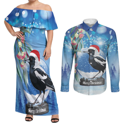 Australia Magpie Christmas In July Couples Matching Off Shoulder Maxi Dress and Long Sleeve Button Shirt Eucalyptus Snow Globe Merry Xmas