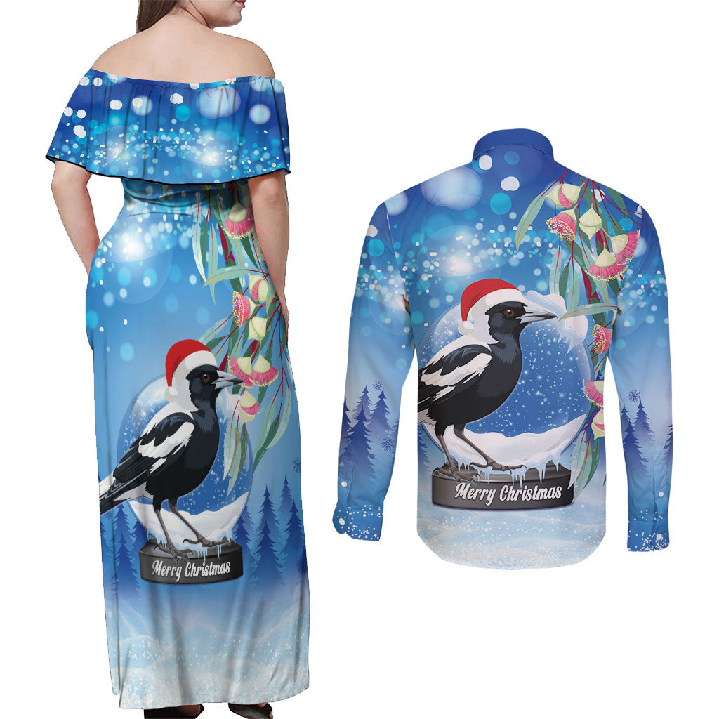 Australia Magpie Christmas In July Couples Matching Off Shoulder Maxi Dress and Long Sleeve Button Shirt Eucalyptus Snow Globe Merry Xmas
