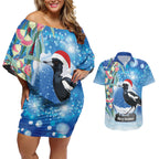Australia Magpie Christmas In July Couples Matching Off Shoulder Short Dress and Hawaiian Shirt Eucalyptus Snow Globe Merry Xmas