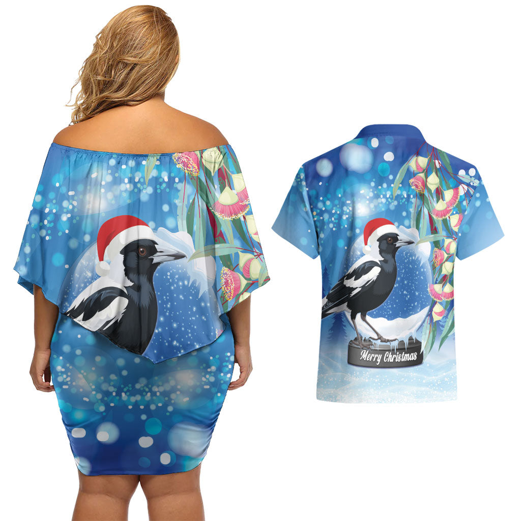 Australia Magpie Christmas In July Couples Matching Off Shoulder Short Dress and Hawaiian Shirt Eucalyptus Snow Globe Merry Xmas