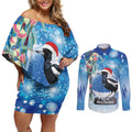 Australia Magpie Christmas In July Couples Matching Off Shoulder Short Dress and Long Sleeve Button Shirt Eucalyptus Snow Globe Merry Xmas