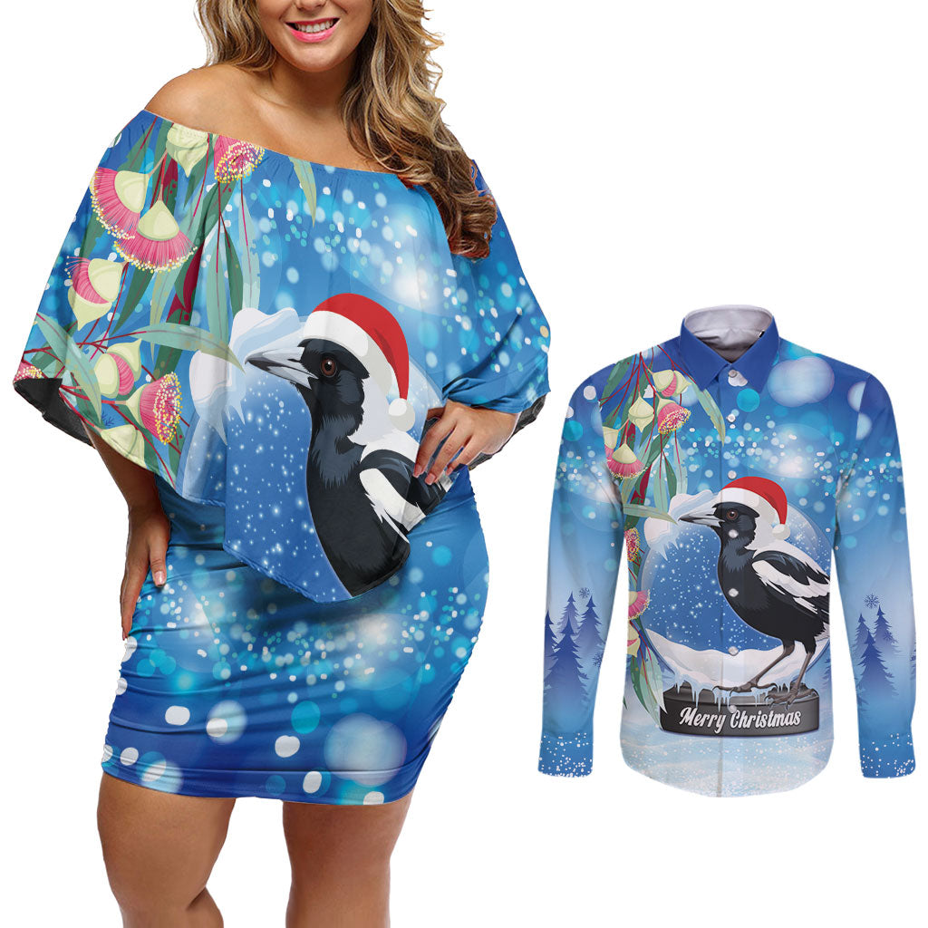 Australia Magpie Christmas In July Couples Matching Off Shoulder Short Dress and Long Sleeve Button Shirt Eucalyptus Snow Globe Merry Xmas