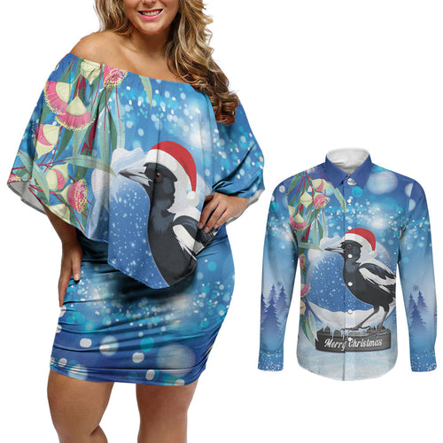 Australia Magpie Christmas In July Couples Matching Off Shoulder Short Dress and Long Sleeve Button Shirt Eucalyptus Snow Globe Merry Xmas