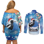 Australia Magpie Christmas In July Couples Matching Off Shoulder Short Dress and Long Sleeve Button Shirt Eucalyptus Snow Globe Merry Xmas