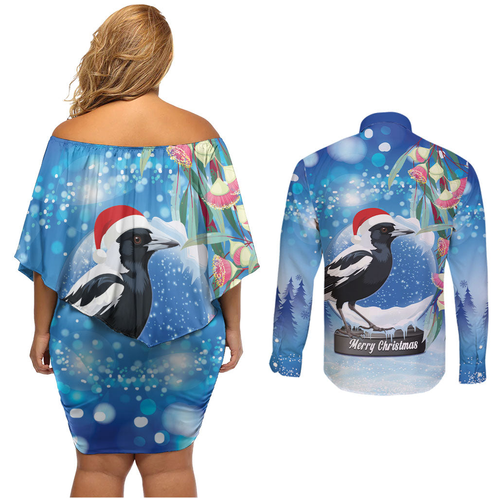 Australia Magpie Christmas In July Couples Matching Off Shoulder Short Dress and Long Sleeve Button Shirt Eucalyptus Snow Globe Merry Xmas