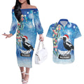 Australia Magpie Christmas In July Couples Matching Off The Shoulder Long Sleeve Dress and Hawaiian Shirt Eucalyptus Snow Globe Merry Xmas