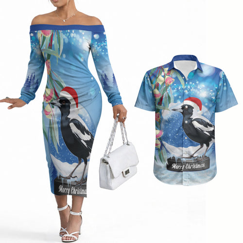 Australia Magpie Christmas In July Couples Matching Off The Shoulder Long Sleeve Dress and Hawaiian Shirt Eucalyptus Snow Globe Merry Xmas