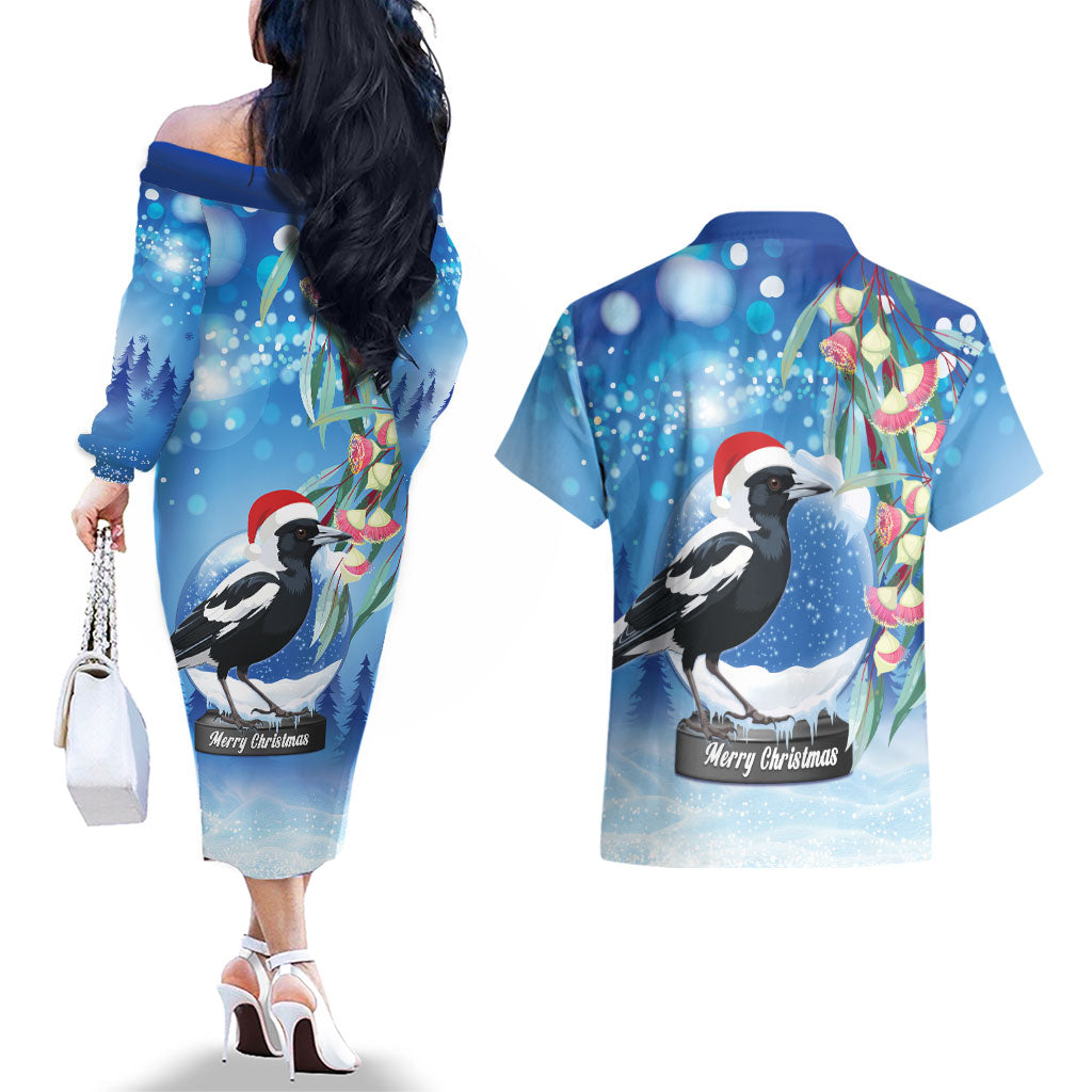 Australia Magpie Christmas In July Couples Matching Off The Shoulder Long Sleeve Dress and Hawaiian Shirt Eucalyptus Snow Globe Merry Xmas