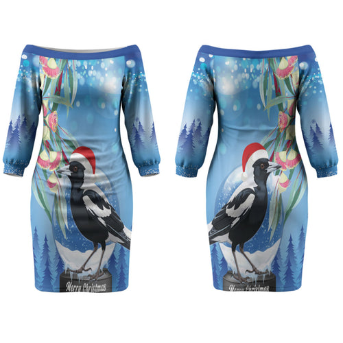 Australia Magpie Christmas In July Couples Matching Off The Shoulder Long Sleeve Dress and Hawaiian Shirt Eucalyptus Snow Globe Merry Xmas LT22