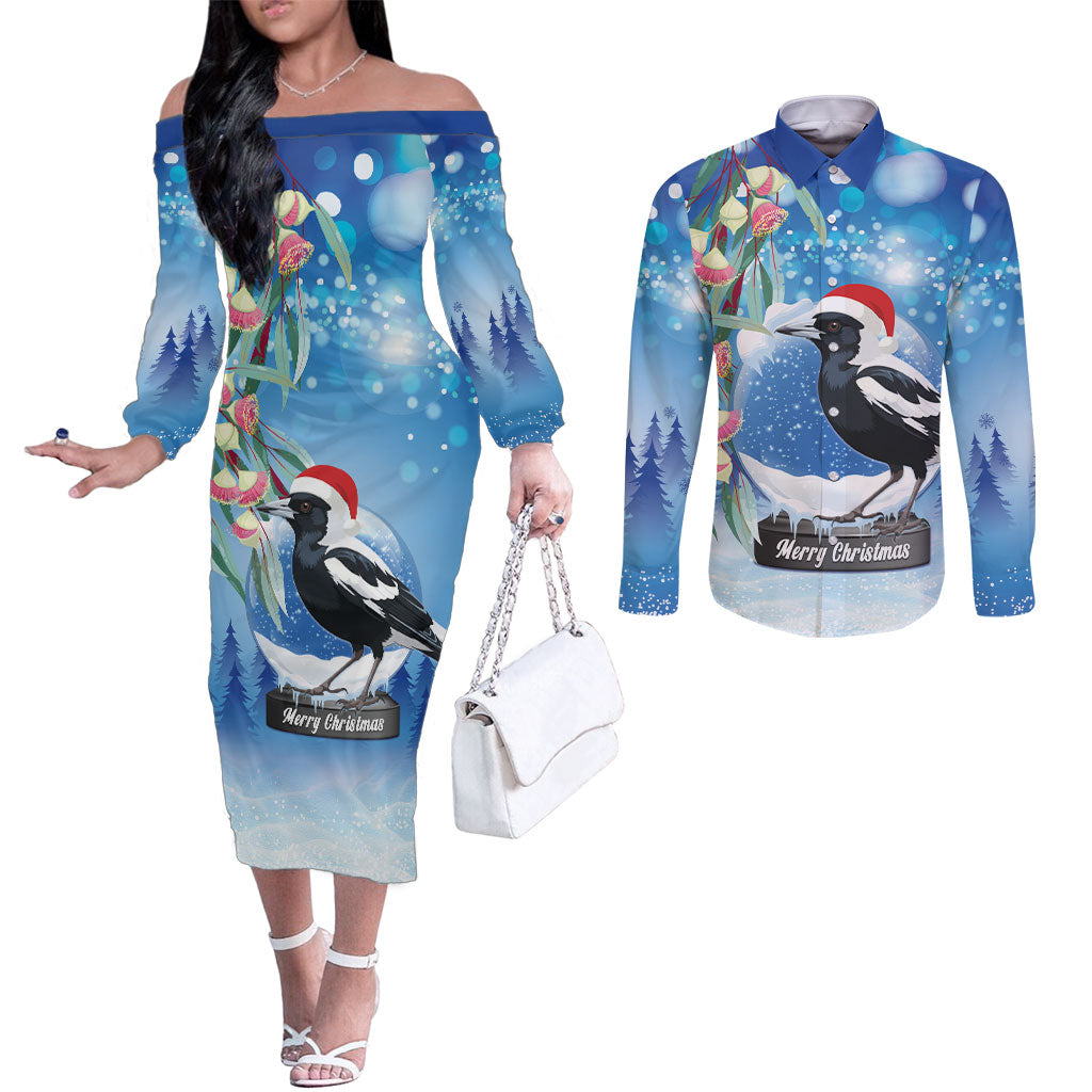 Australia Magpie Christmas In July Couples Matching Off The Shoulder Long Sleeve Dress and Long Sleeve Button Shirt Eucalyptus Snow Globe Merry Xmas