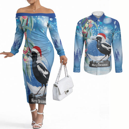 Australia Magpie Christmas In July Couples Matching Off The Shoulder Long Sleeve Dress and Long Sleeve Button Shirt Eucalyptus Snow Globe Merry Xmas