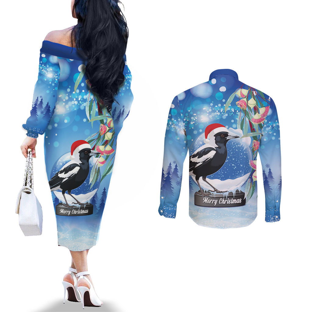 Australia Magpie Christmas In July Couples Matching Off The Shoulder Long Sleeve Dress and Long Sleeve Button Shirt Eucalyptus Snow Globe Merry Xmas
