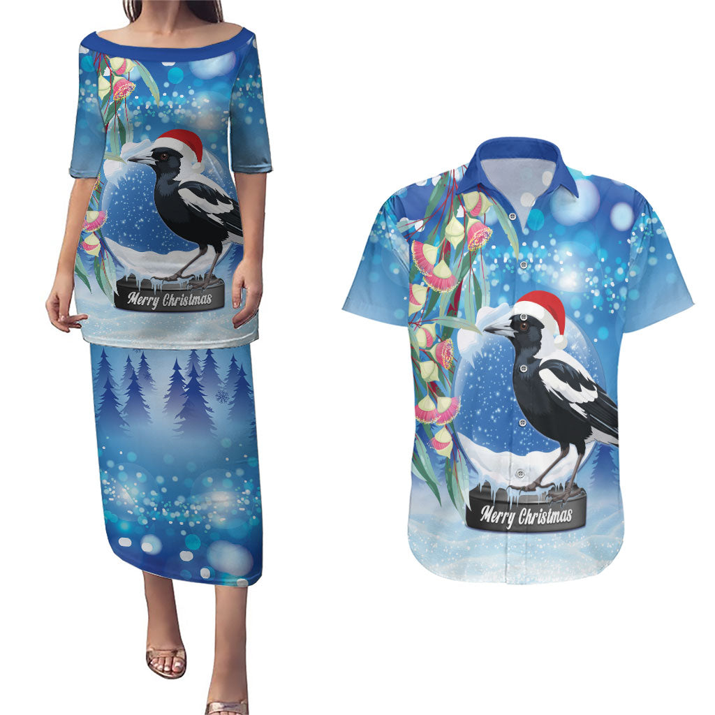 Australia Magpie Christmas In July Couples Matching Puletasi and Hawaiian Shirt Eucalyptus Snow Globe Merry Xmas