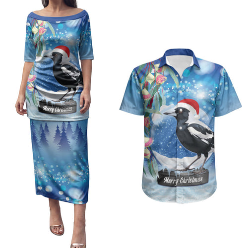 Australia Magpie Christmas In July Couples Matching Puletasi and Hawaiian Shirt Eucalyptus Snow Globe Merry Xmas