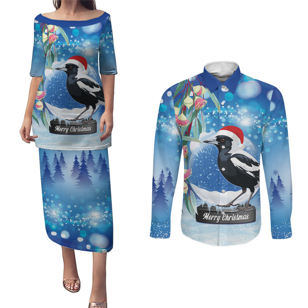 Australia Magpie Christmas In July Couples Matching Puletasi and Long Sleeve Button Shirt Eucalyptus Snow Globe Merry Xmas