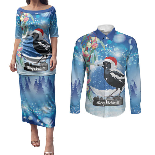 Australia Magpie Christmas In July Couples Matching Puletasi and Long Sleeve Button Shirt Eucalyptus Snow Globe Merry Xmas