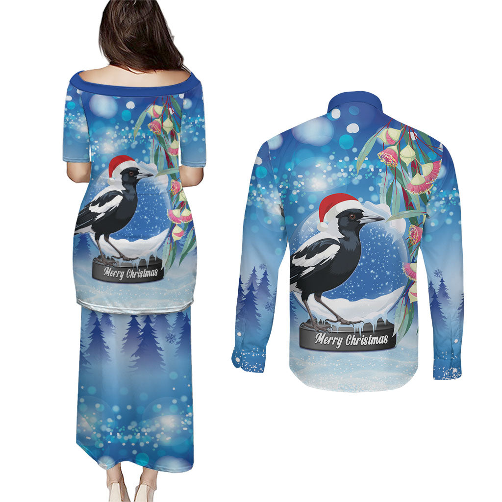 Australia Magpie Christmas In July Couples Matching Puletasi and Long Sleeve Button Shirt Eucalyptus Snow Globe Merry Xmas