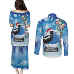 Australia Magpie Christmas In July Couples Matching Puletasi and Long Sleeve Button Shirt Eucalyptus Snow Globe Merry Xmas