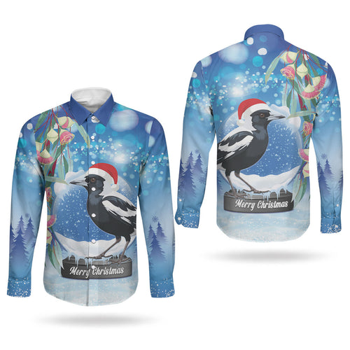 Australia Magpie Christmas In July Couples Matching Puletasi and Long Sleeve Button Shirt Eucalyptus Snow Globe Merry Xmas