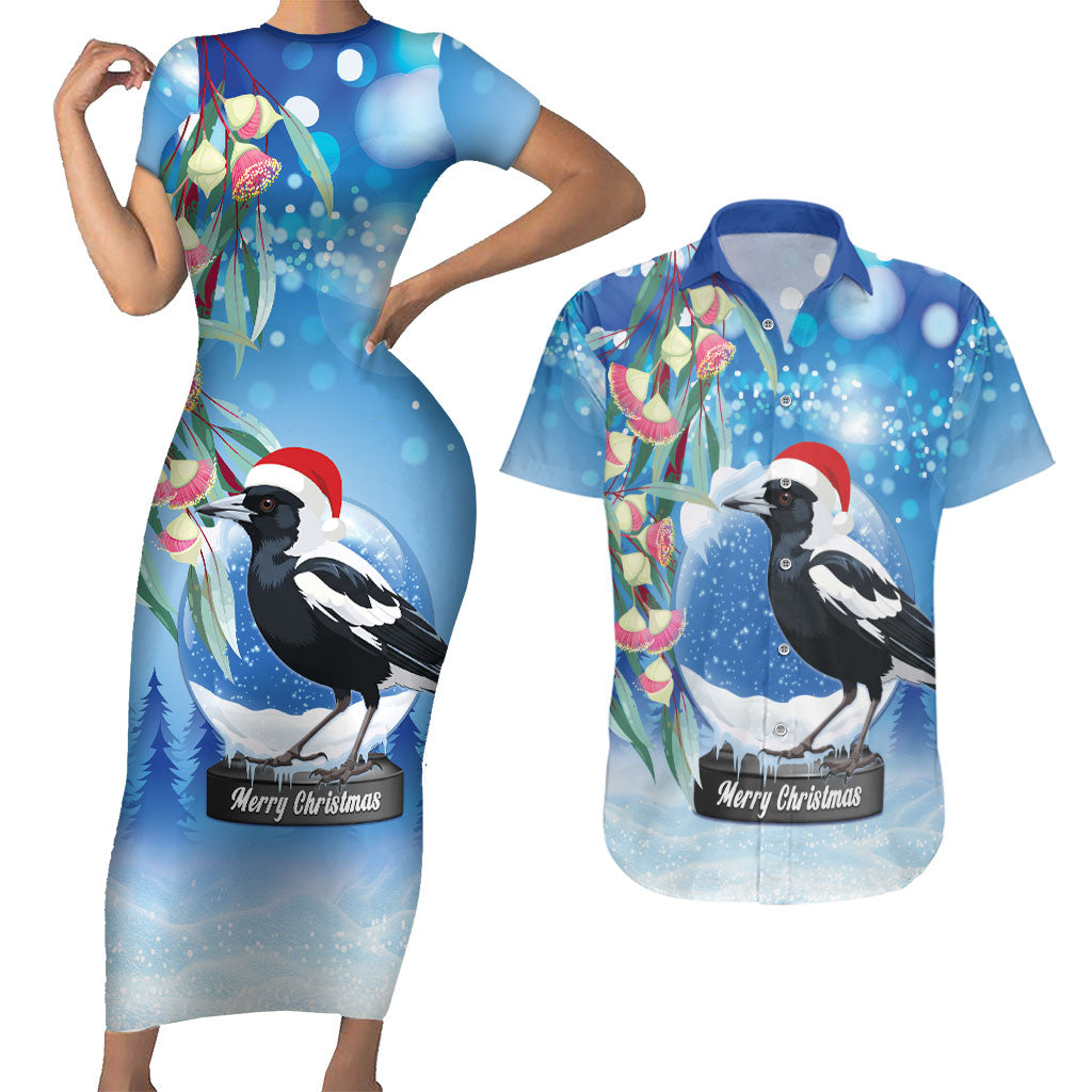 Australia Magpie Christmas In July Couples Matching Short Sleeve Bodycon Dress and Hawaiian Shirt Eucalyptus Snow Globe Merry Xmas