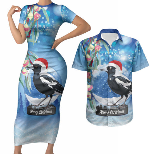 Australia Magpie Christmas In July Couples Matching Short Sleeve Bodycon Dress and Hawaiian Shirt Eucalyptus Snow Globe Merry Xmas
