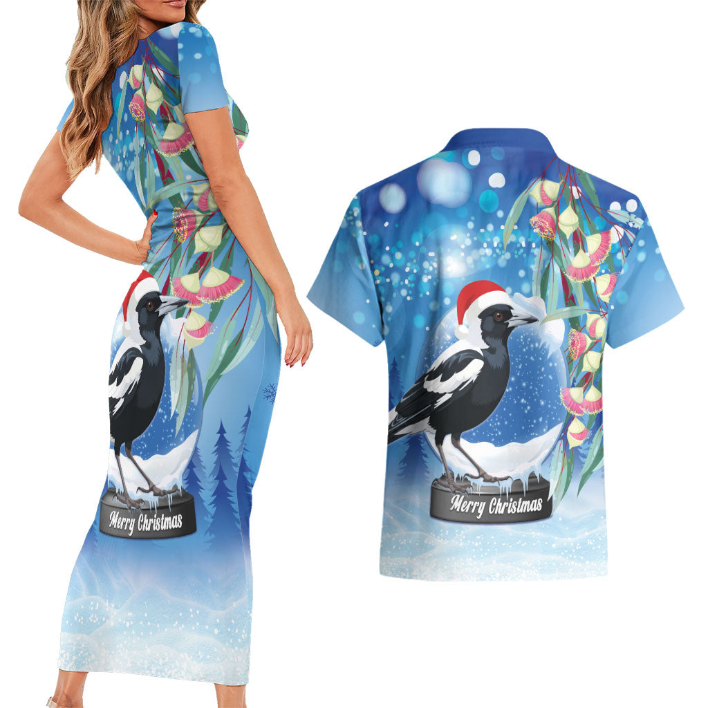 Australia Magpie Christmas In July Couples Matching Short Sleeve Bodycon Dress and Hawaiian Shirt Eucalyptus Snow Globe Merry Xmas