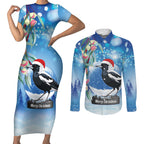 Australia Magpie Christmas In July Couples Matching Short Sleeve Bodycon Dress and Long Sleeve Button Shirt Eucalyptus Snow Globe Merry Xmas