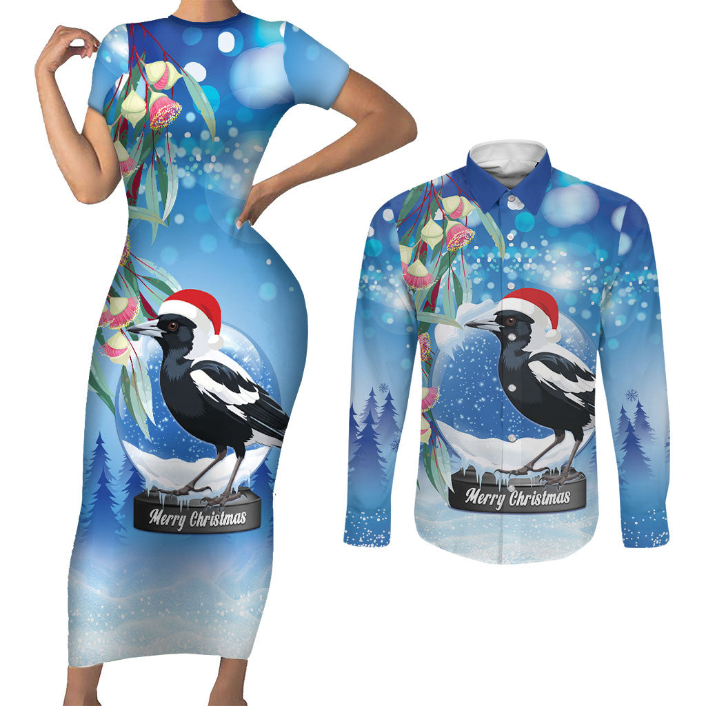 Australia Magpie Christmas In July Couples Matching Short Sleeve Bodycon Dress and Long Sleeve Button Shirt Eucalyptus Snow Globe Merry Xmas