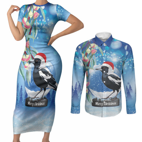 Australia Magpie Christmas In July Couples Matching Short Sleeve Bodycon Dress and Long Sleeve Button Shirt Eucalyptus Snow Globe Merry Xmas