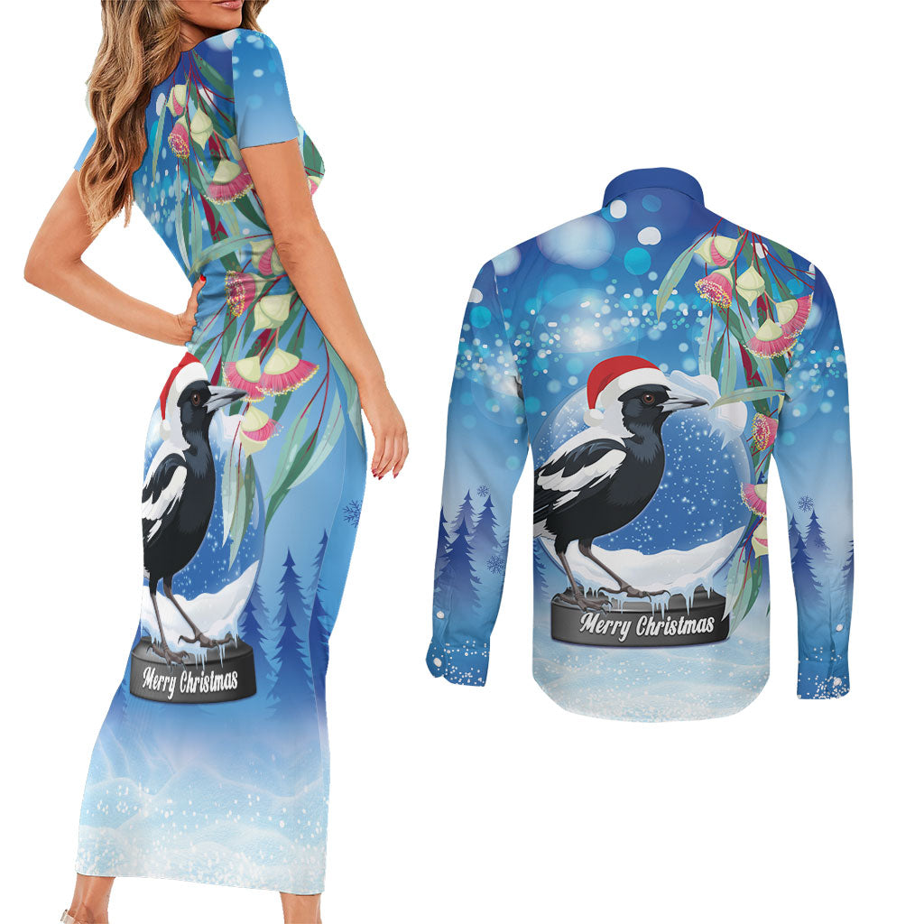 Australia Magpie Christmas In July Couples Matching Short Sleeve Bodycon Dress and Long Sleeve Button Shirt Eucalyptus Snow Globe Merry Xmas