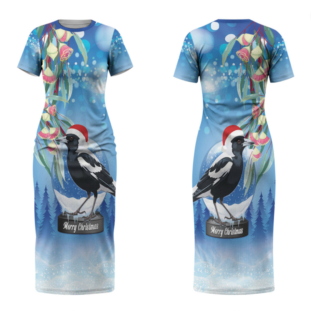 Australia Magpie Christmas In July Couples Matching Short Sleeve Bodycon Dress and Long Sleeve Button Shirt Eucalyptus Snow Globe Merry Xmas LT22