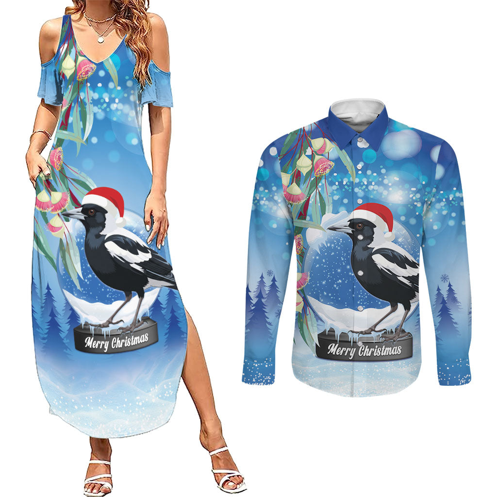 Australia Magpie Christmas In July Couples Matching Summer Maxi Dress and Long Sleeve Button Shirt Eucalyptus Snow Globe Merry Xmas