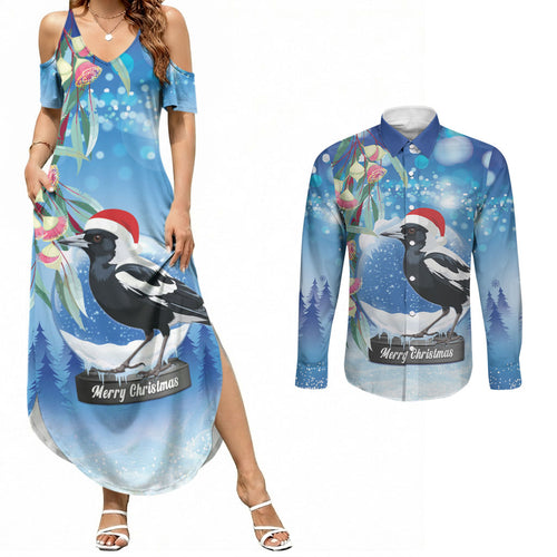 Australia Magpie Christmas In July Couples Matching Summer Maxi Dress and Long Sleeve Button Shirt Eucalyptus Snow Globe Merry Xmas