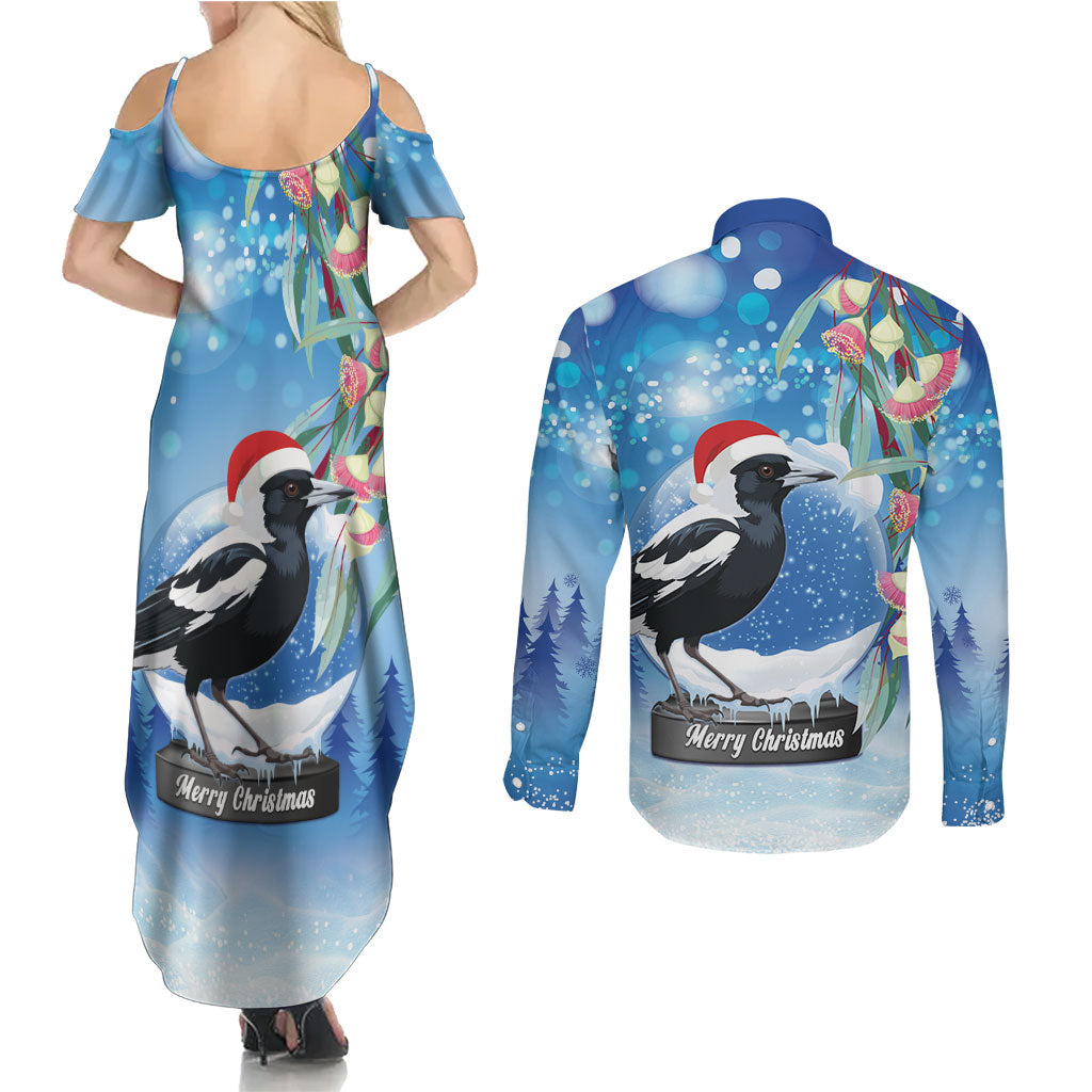 Australia Magpie Christmas In July Couples Matching Summer Maxi Dress and Long Sleeve Button Shirt Eucalyptus Snow Globe Merry Xmas